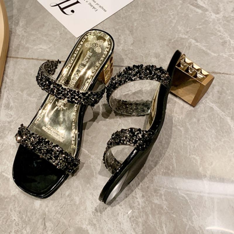 Fashion Women's Chunky Heel Sandals Summer New Round Head Open-toe Crystal with Anti-slip and Wear-resistant Mid-heel Slippers