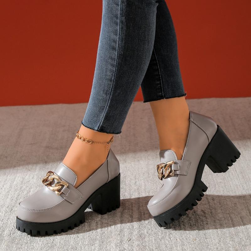 Loafers med tykk såle i store størrelser for kvinner, Nye sko i skinn med firkantet hæl og rund tå