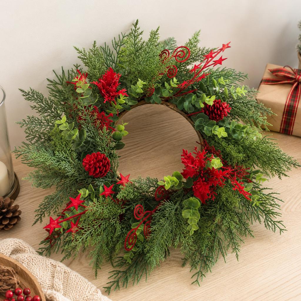 Artificial Flocked Christmas Wreath with Red Berries and Needle Twig - Hanging Decor for Door Wall Window, 55cm
