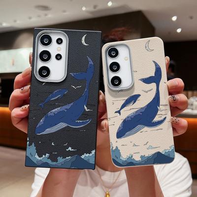Шкіряна текстура з принтом кита TPU чохол для телефону для Samsung S25 S24 FE S23 Ultra S22 A56 A36 A16 A15 A55 A35 Тонкий Ударостійкий Матовий М'який Бампер