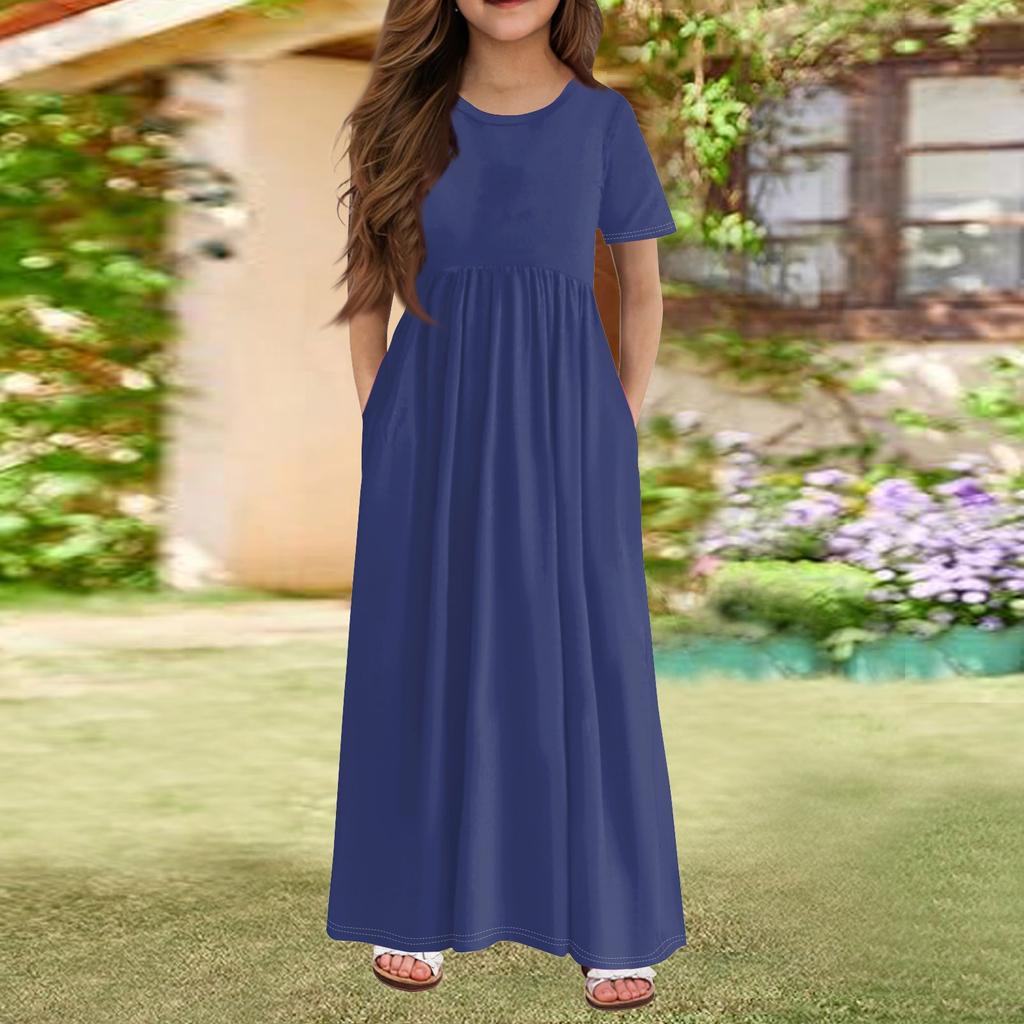 Girls' Long Summer Dress - Short Sleeve Pocket Maxi Dress For 4-14Y