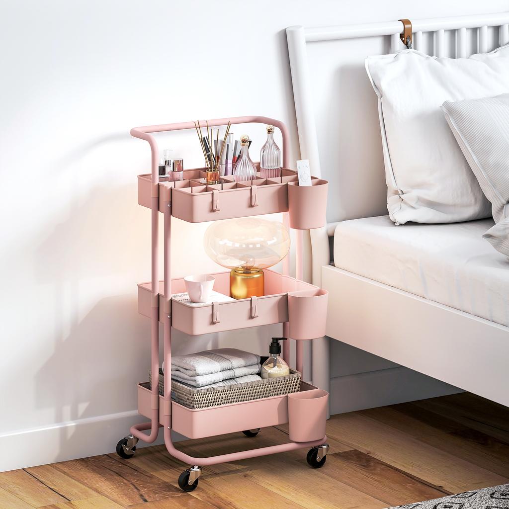 Serving Trolley, 3-Tier, 4 Hooks, 3 Removable Hanging Boxes, 42 x 38 x 86.5 cm, Pink