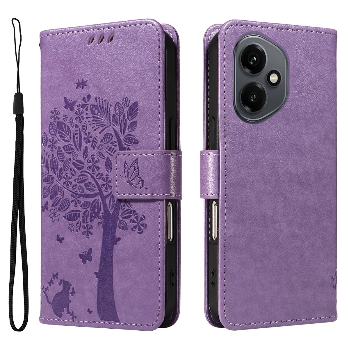 

For Honor 400 5G (Global) Phone Case with Stand Cat Tree Pattern Leather Wallet Mobile Cover Light Purple