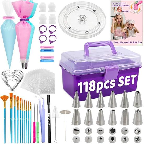 Cookie Decorating Kit 118pcs with Storage Case, Royal Sugar Piping Bags and Tips Icing Supplies Set, Turntable Scribe Decoration Tools for Kids &