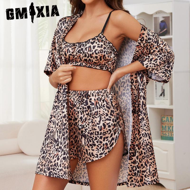 

GMXIA Ice Silk Pajamas Women Summer Leopard Print Robe Underwear Shorts Three Piece Homewear S цветной печати леопарда
