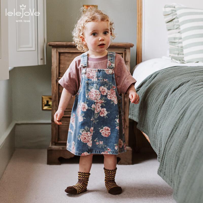LELE JOVE Girls  Hand-Painted Rose Print Denim Overalls Dress 130