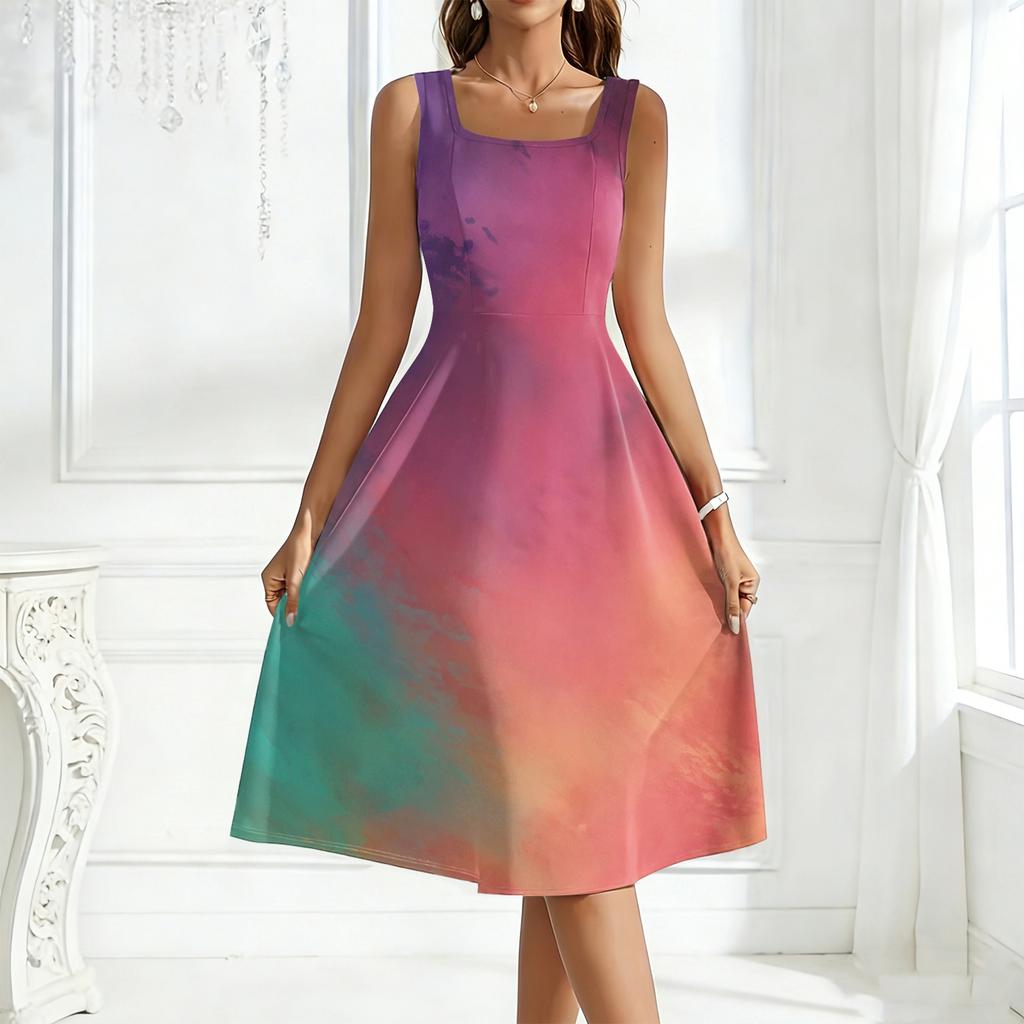 Sleeveless Square Neck Gradient Print Midi Dress for Women Casual A Line Summer Sundress Soft Fabric Flowy Skirt
