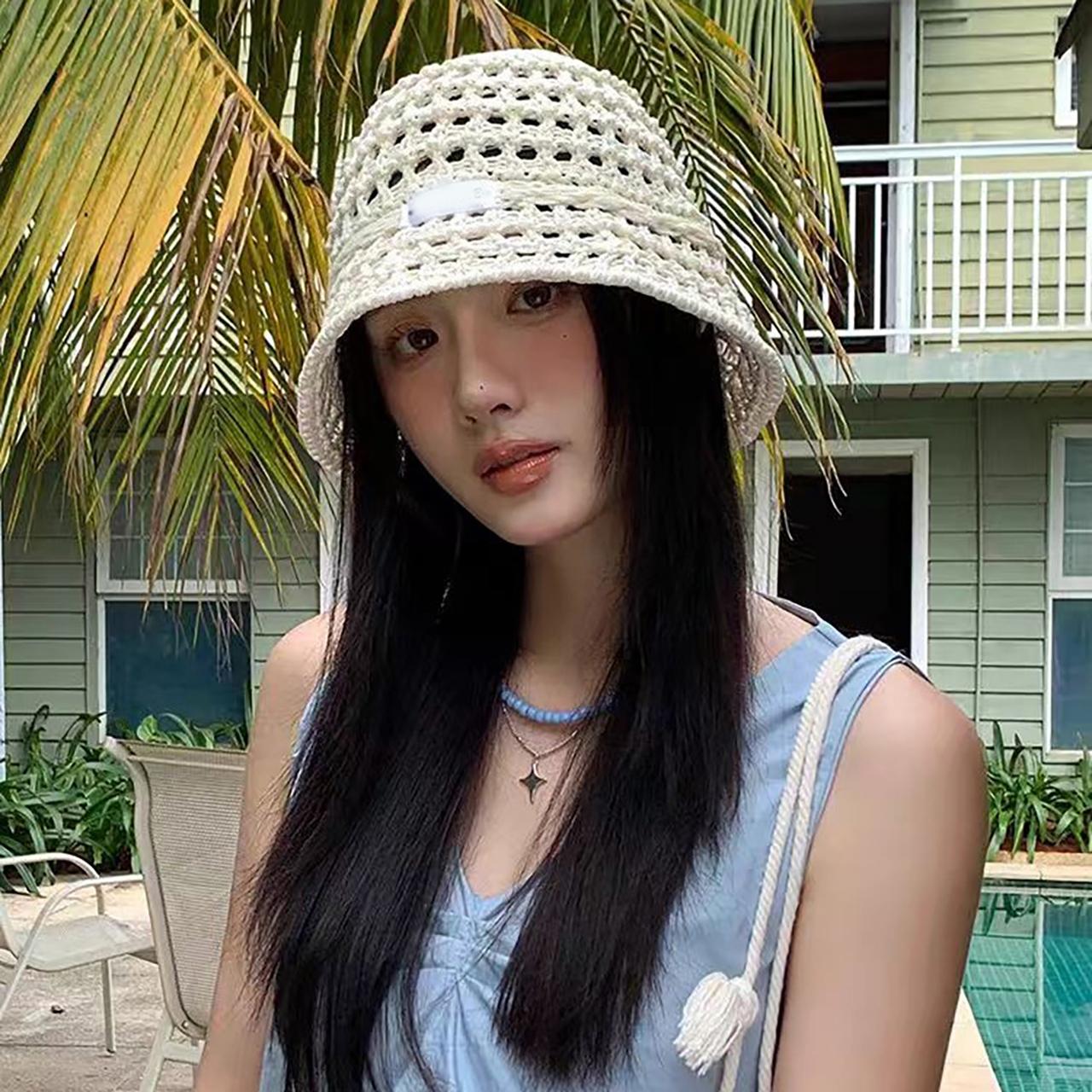

Women Summer Hollow Out Knitted Fisherman Hat Candy Colors Wide Brim Breathable Sun Hat Casual Beach Travel Sunscreen Bucket Cap 55-58cm бежевий