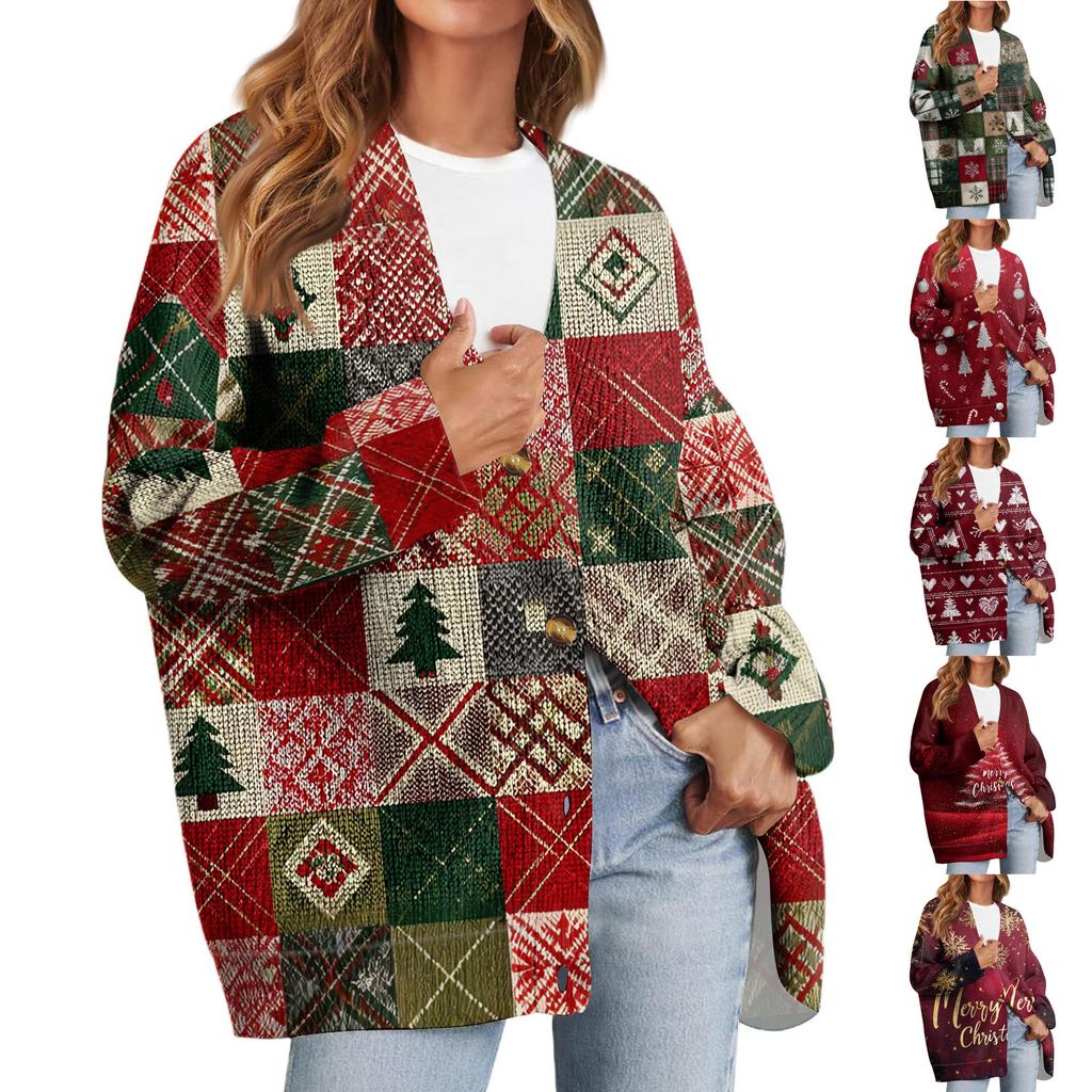 Women's Fashion Long Sleeve Christmas Print V-Neck Button Loose Cardigan Top