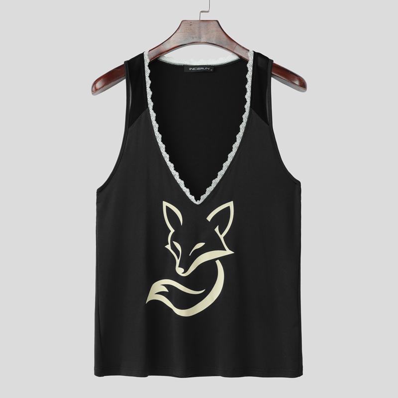 INCERUN Summer Men Deep V Neck Sleeveless Lace Hem Print Casual Tank Tops