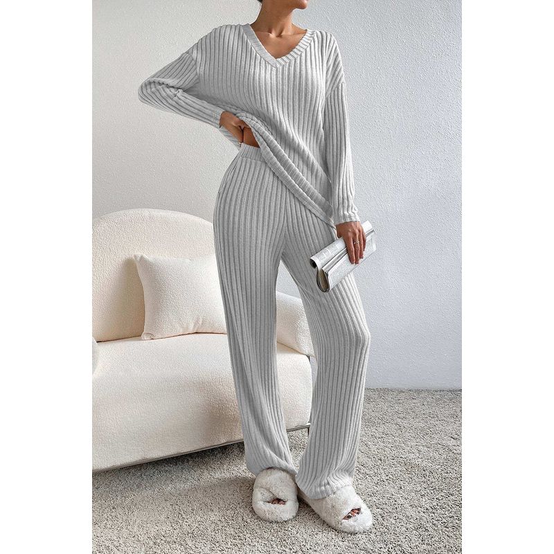 

Cross-Border Two-Piece Set for Women, 2025 Autumn New Fashion Casual Straight-Leg Pants, Stylish Loose V-Neck Ribbed Knit Set Gray L