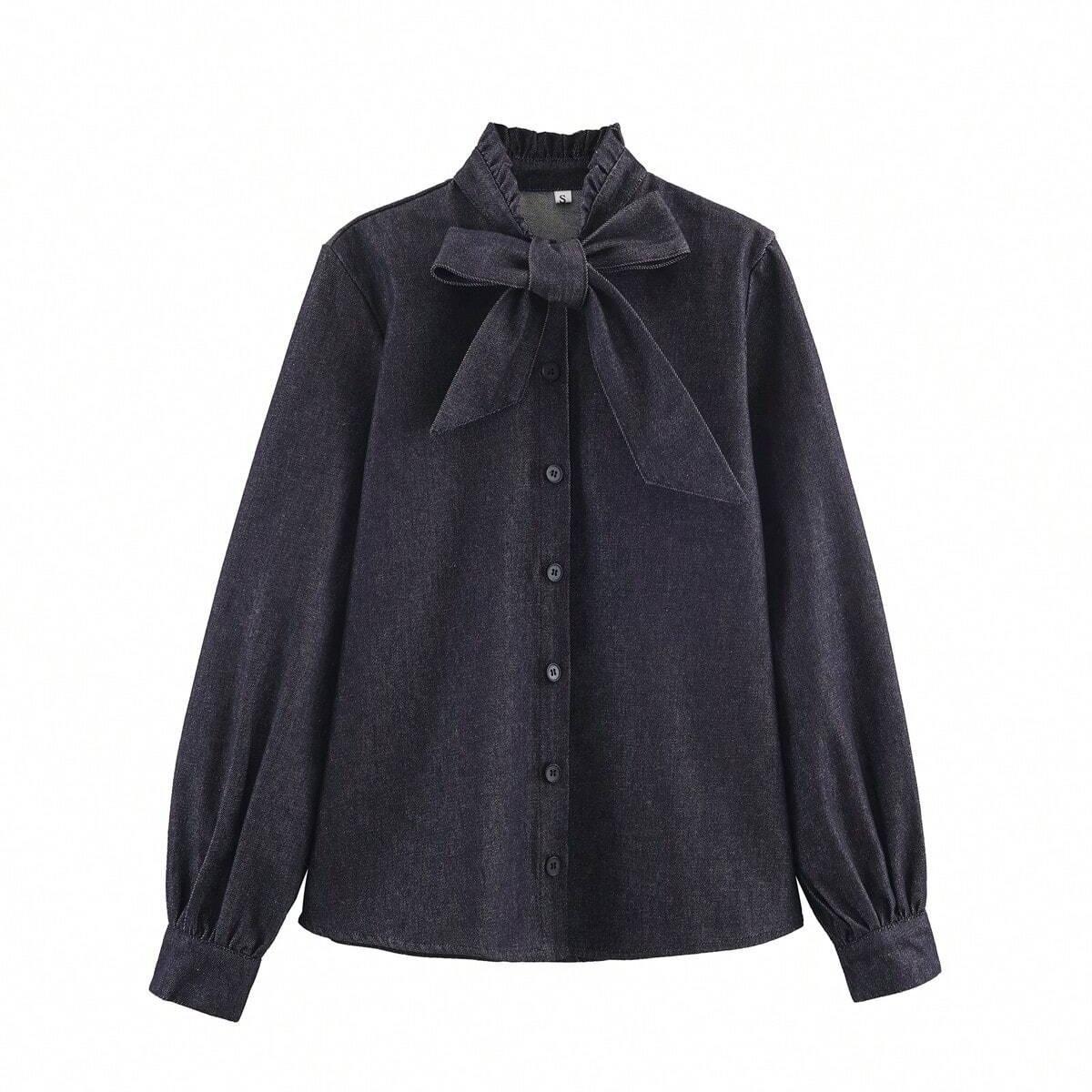 New women s fashionable casual versatile bow embellishment, long-sleeve, single-breasted denim solid color shirt S синий