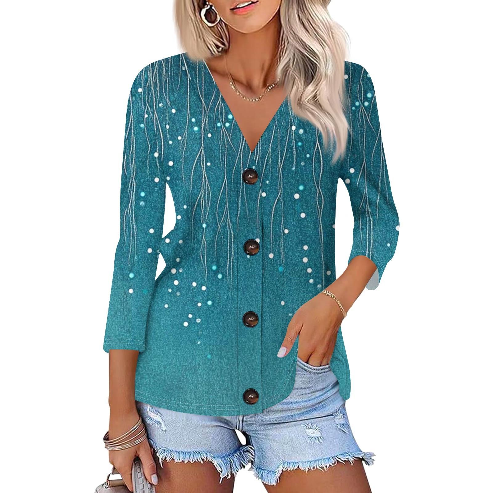 

Women s Fashion Casual Print Button-Down Shirt Three-quarter Sleeve Cardigan Top L синій
