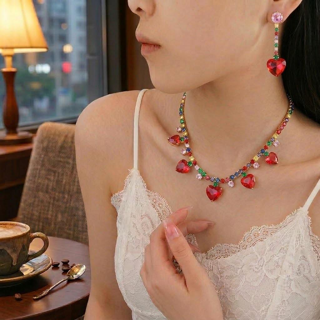 European Style Red Heart Zircon Necklace & Plum Blossom Earrings Set