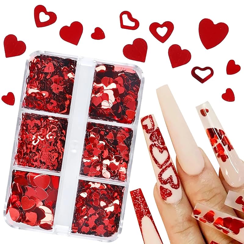 Valentine’s Day Nail Glitters Red Heart Nail Art Sequins 3D Holographic Hollow Heart Love Nail Flakes Glitter Powder 6 Grids Heart Sparkly for