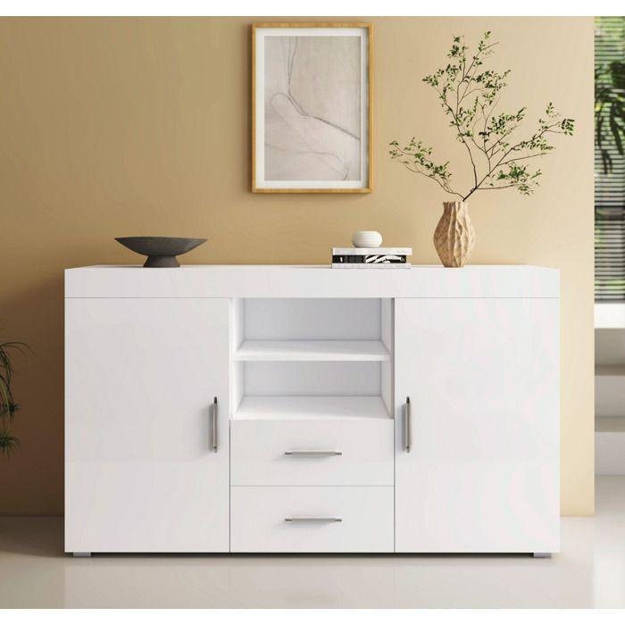 Buffet Bahut 2 portes 2 tiroirs | 140 x 80 x 40 cm | Couleur Blanc Brillant | Rangement | ROQUE