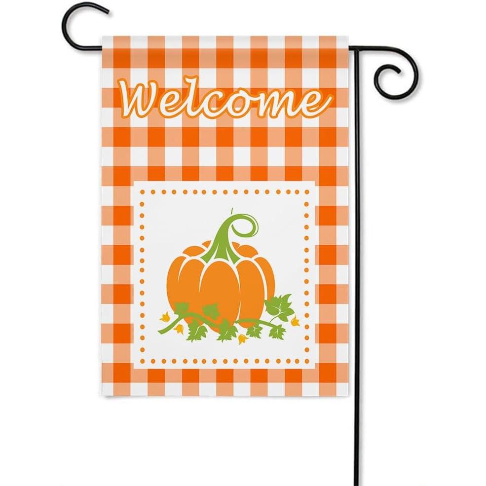 Welcome Pumpkin Garden Flag Orange White Plaid Buffalo Thanksgiving Autumn Harvest Halloween Yard Flag Banners Vertical Double Sided for Farm House O