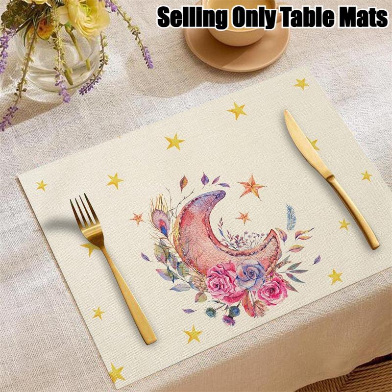 4/2 Stück Happy Ramadan Laterne und Mond Tischsets Festliche Atmosphäre Dekoration Leinen Tischgeschirr Matte Hitzebeständig