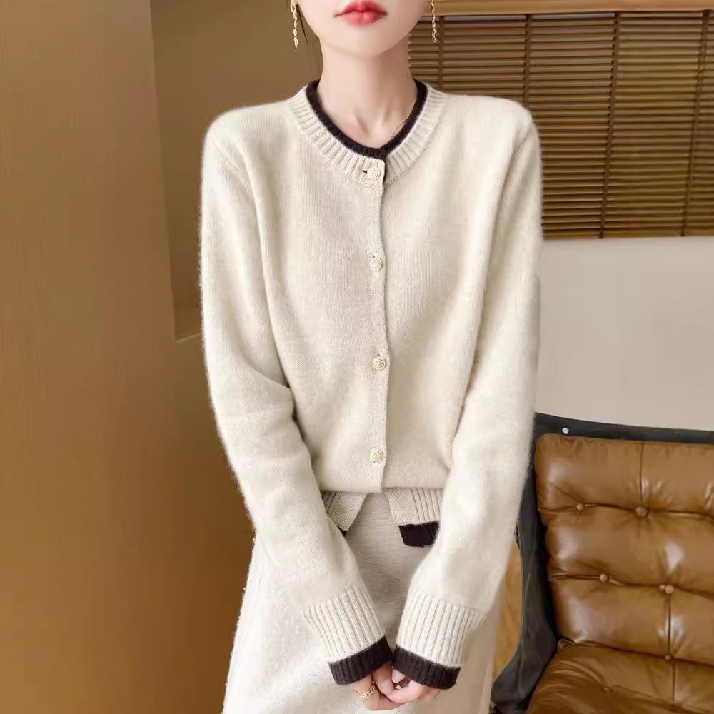Autumn/Winter Women's Loose Fit 100% Wool Korean Style Color Block Cardigan Sweater