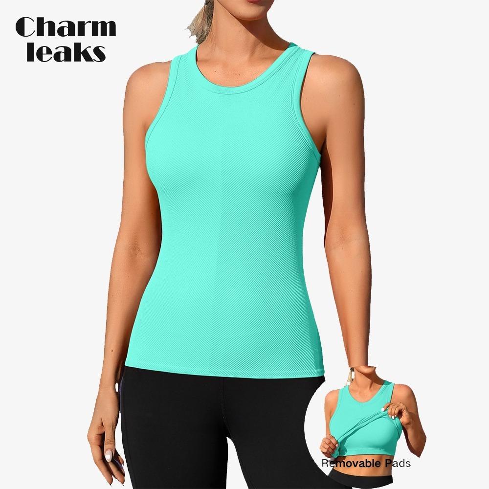 CHARMLEAKS Workout Tank Tops for Women Seamless Full Length Gym Tops Athletic Yoga Top Built In Bra