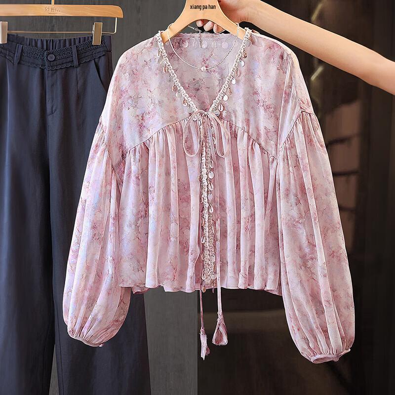 Elegant V-Neck Floral Long-Sleeve Loose Shirt