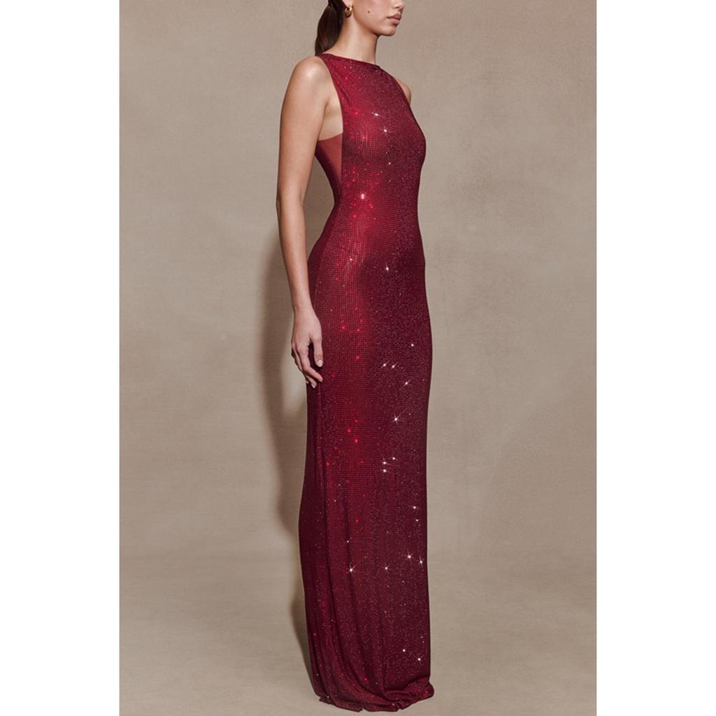 Women's Sleeveless Sequined Back Slit Sexy Dinner Party Evening Gown Dress  for European American Cocktail Event