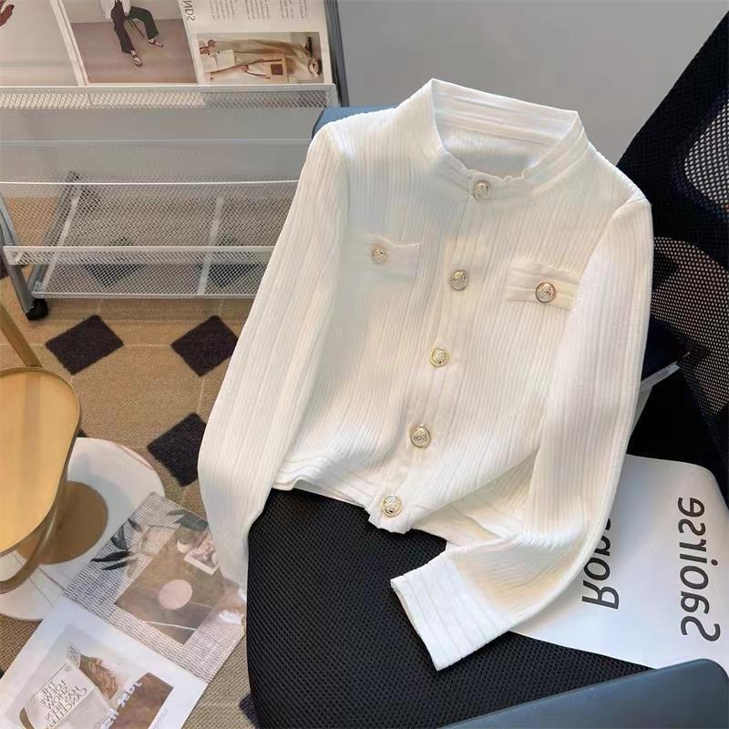 Autumn Solid Color Slim Base Shirt with Unique Cardigan Design