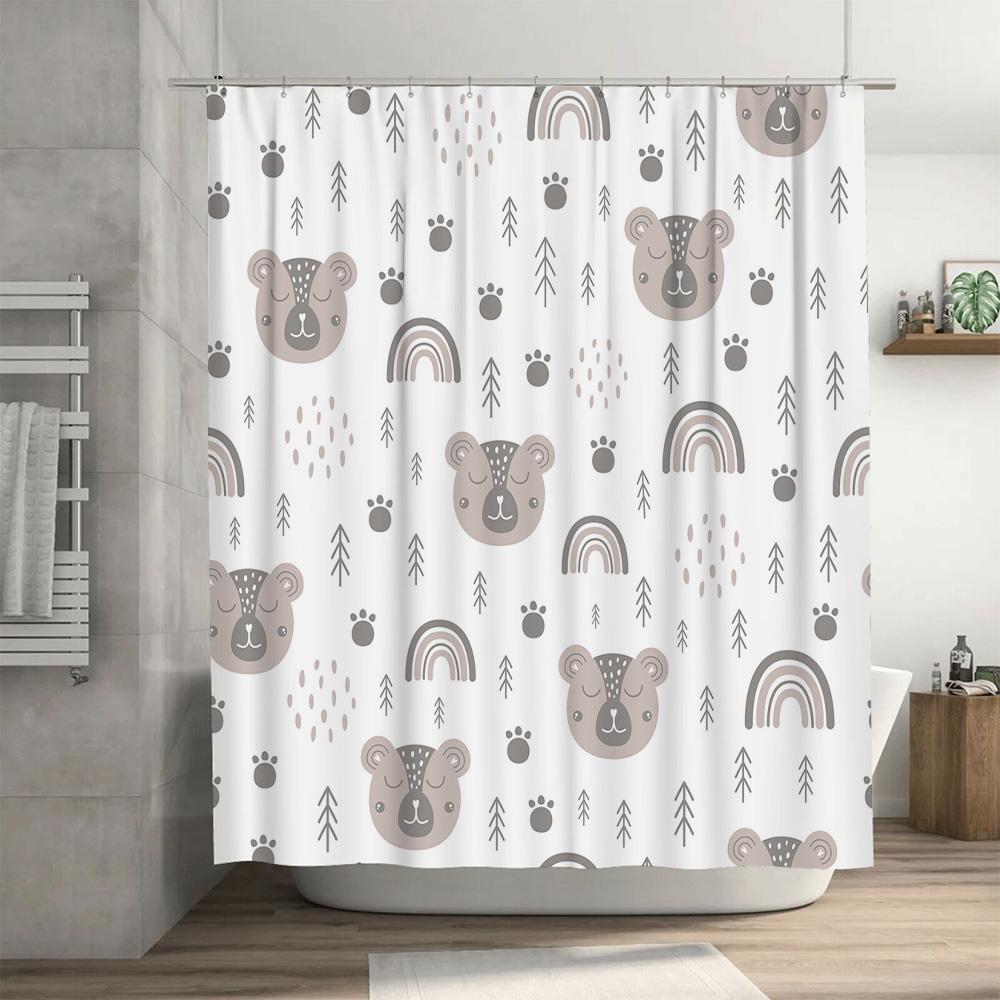Adorable Brown Bear Shower Curtain with Rainbows and Trees White Grey Bath Decor for Kids Bathroom