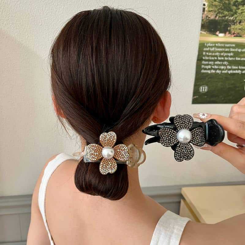3Pcs Water Diamond Pearl Flower Ball Head Gripper Female Temperament High Ponytail Hair Clip with A Clip At The Back of The Head