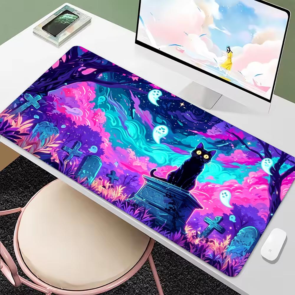 Black Cat Tombstone Neon Graveyard Cute Ghosts Xxl Gaming Desk Mat Non Slip Rubber Base Extended Mouse Pad For Halloween Fan