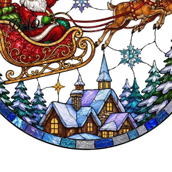 Christmas Home Window Decor Santa Sleigh Suncatcher Cling, Stained Glass Style Static Glue Free Sticker Sticker, Rainbow Film Xmas for Shop Storefront