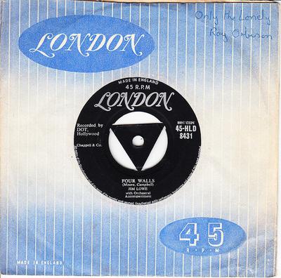 7inch Record JIM LOWE - Four Walls 45HLD8431 London Records 1957 UK Rock Used