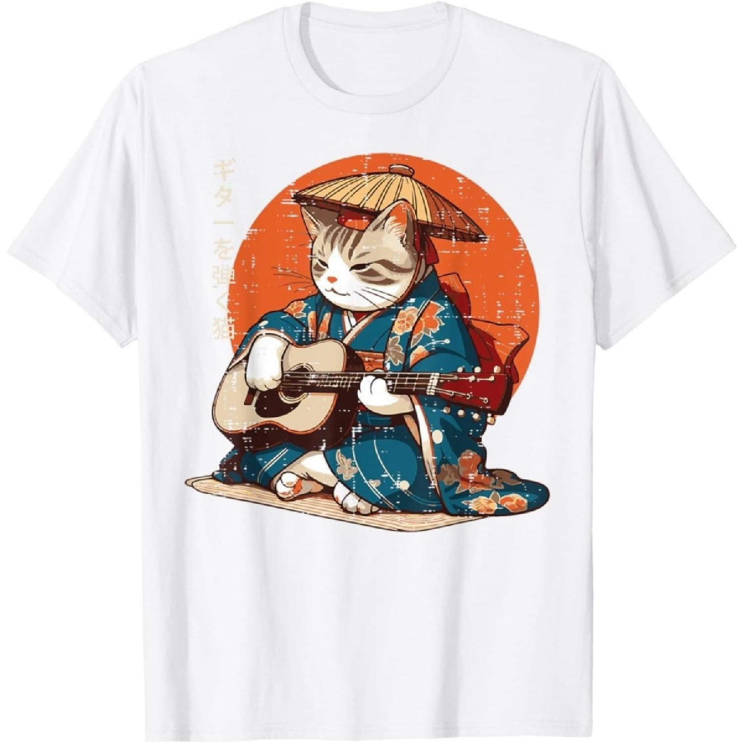 

DCOJUZBO Japanese Cat Kimono Guitar Samurai Music Men Women T-Shirt S білий