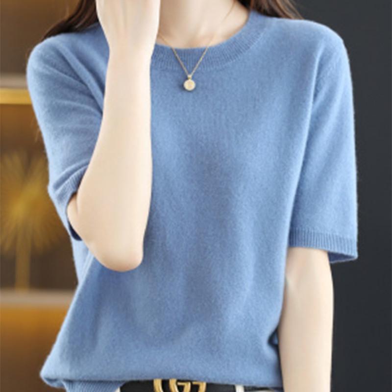 Women's Spring and Summer Short-sleeved Women O-neck Slim Pullover Vest T-shirt Knitted Base Sweater
