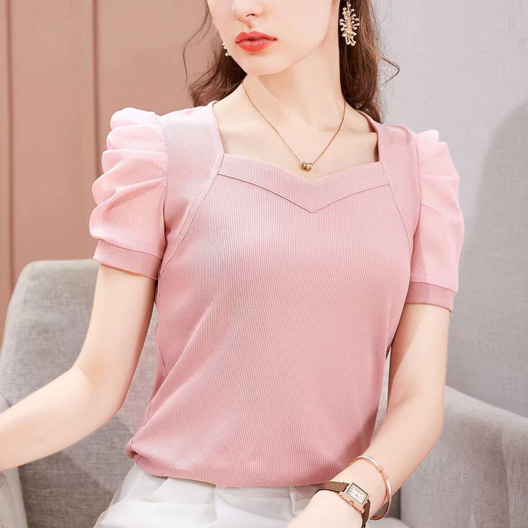 Women s Summer Short-Sleeve French-Style Puff-Sleeve Blouse In Ice Silk T-Shirt M розовый
