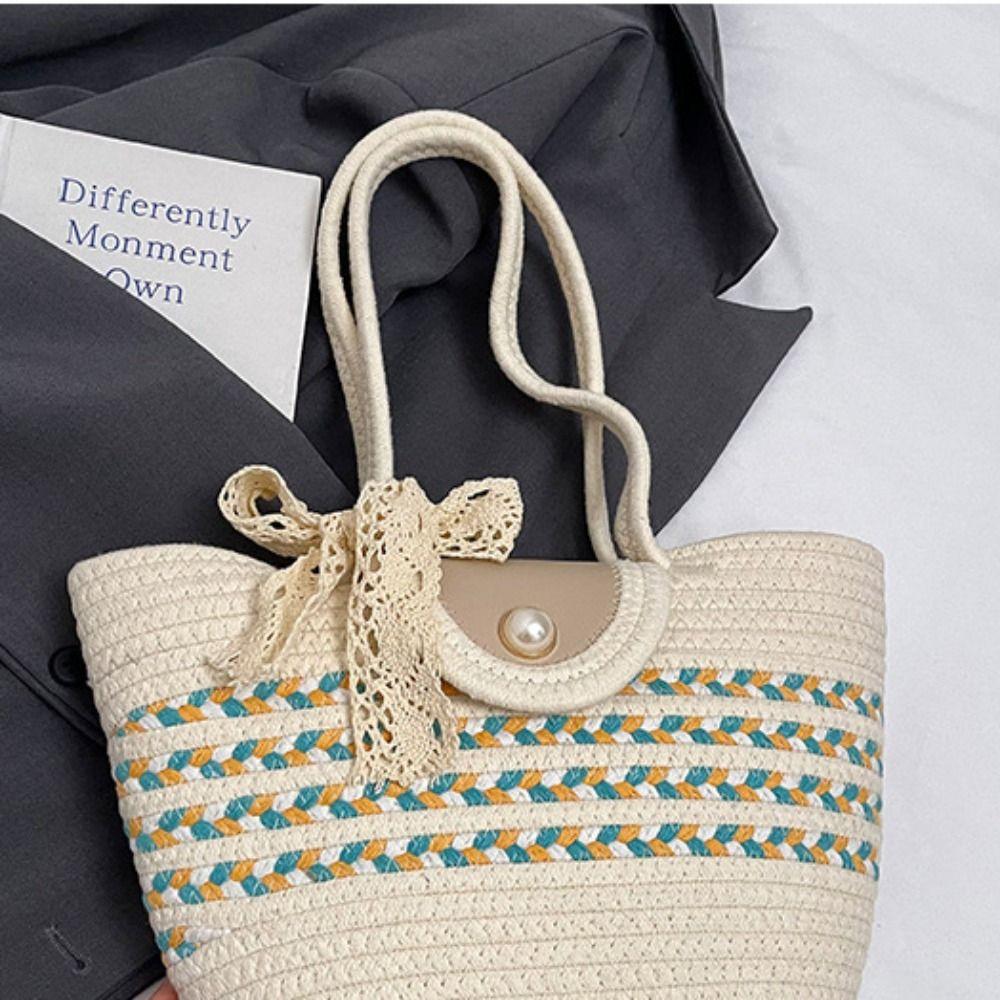 With Ribbon Stripe Tote Handbag Korean Style Summer Beach Bag Simple Woven Tote Bag  Vacation