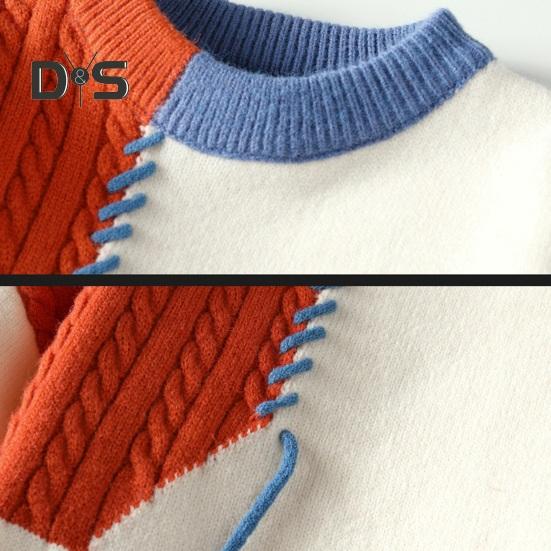 Autumn Winter Men Sweater Color Blocking Slicing Design Round Neck Loose Knitted Pullover Thick Warm Bottoming Sweater Casual Wear Work Dating Sweater
