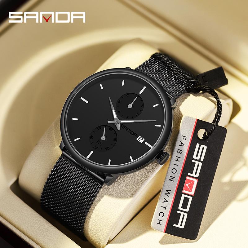 SANDA 1115 Men's Quartz Watch with New Leather Strap and Trendy Calendar Mesh Design