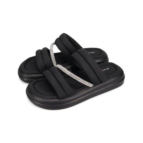 ORiental TRaffic Platform Rhinestone Padded Sandals Soft Cushion Comfort Black 61224
