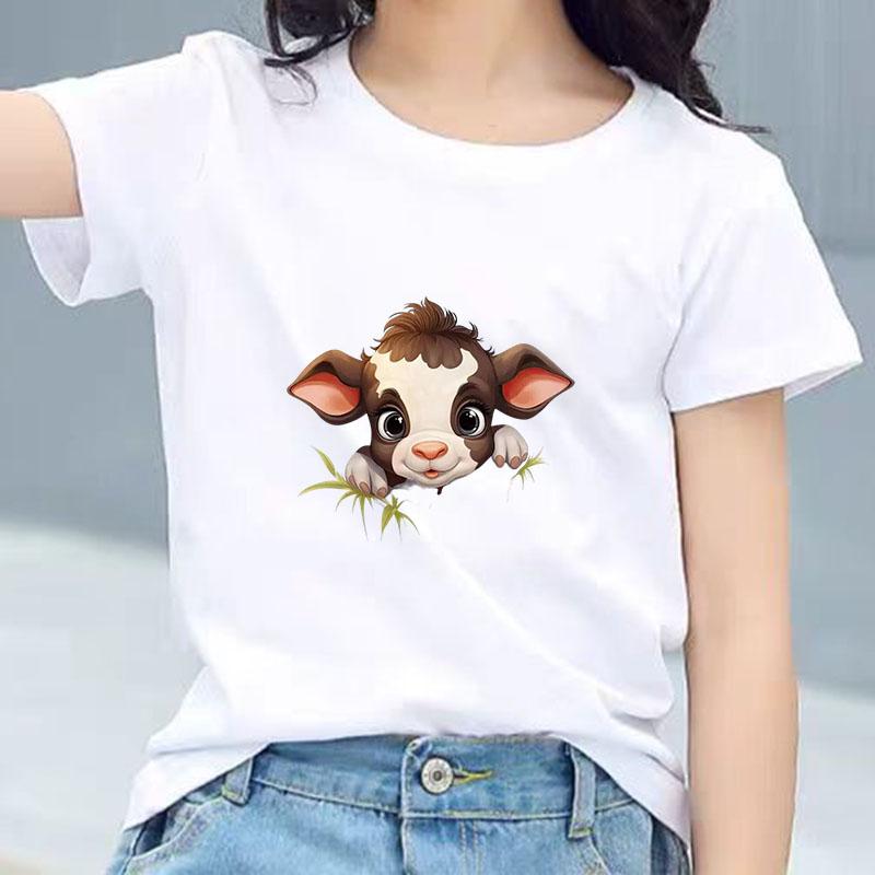 Kids Cotton T Shirt Brown Baby Cow Peeking Over Grass Print Crew Neck Short Sleeve Tee Casual Boys Girls Summer Tops