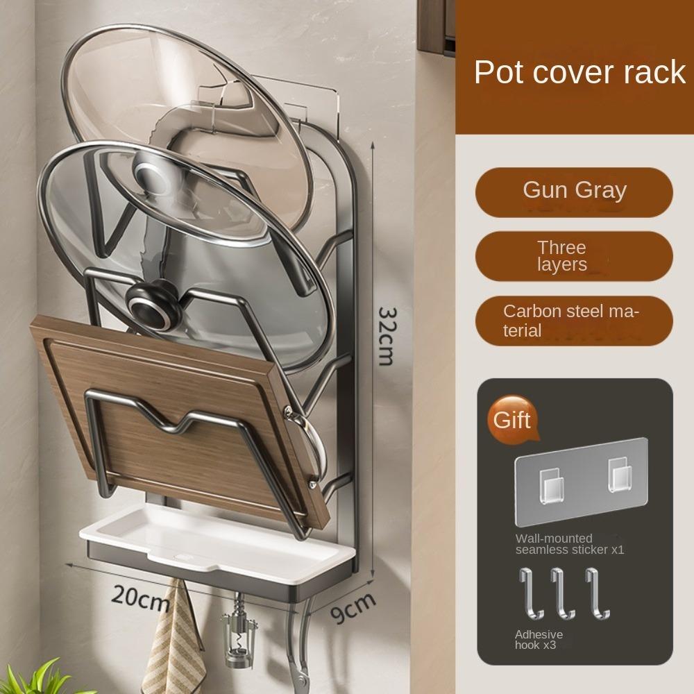 

Настенная кухонная стойка для хранения Многофункциональная стойка для хранения Портативная полка для хранения крышек для кастрюль Grey-3 Layers