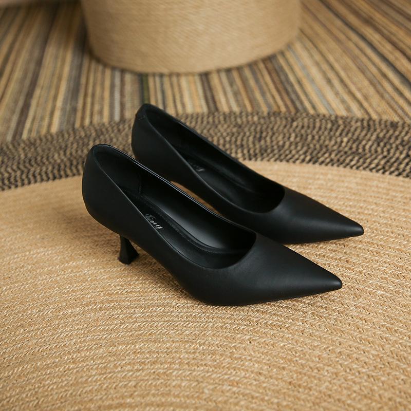 3351-18 French Solid Color Thin Heel Pointed High Heels Women's 2025 Professional Simple and Comfortable Work Shoes Single Shoes Women