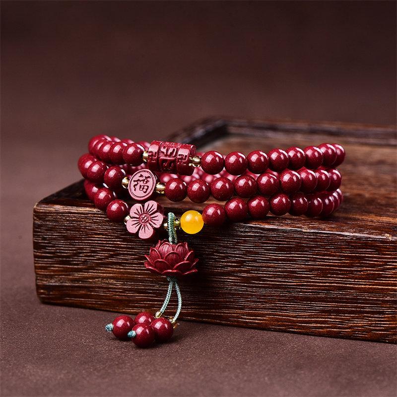 Authentic Cinnabar Bracelet for Men and Women, Three-Layer Fortune Character Cinnabar Multi-Layer Lotus Pendant Bracelet