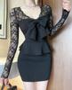 Elegantes Spitzen-V-Ausschnitt-Bodycon-Kleid mit Schleife und Figurschmeichelnden Langen Ärmeln