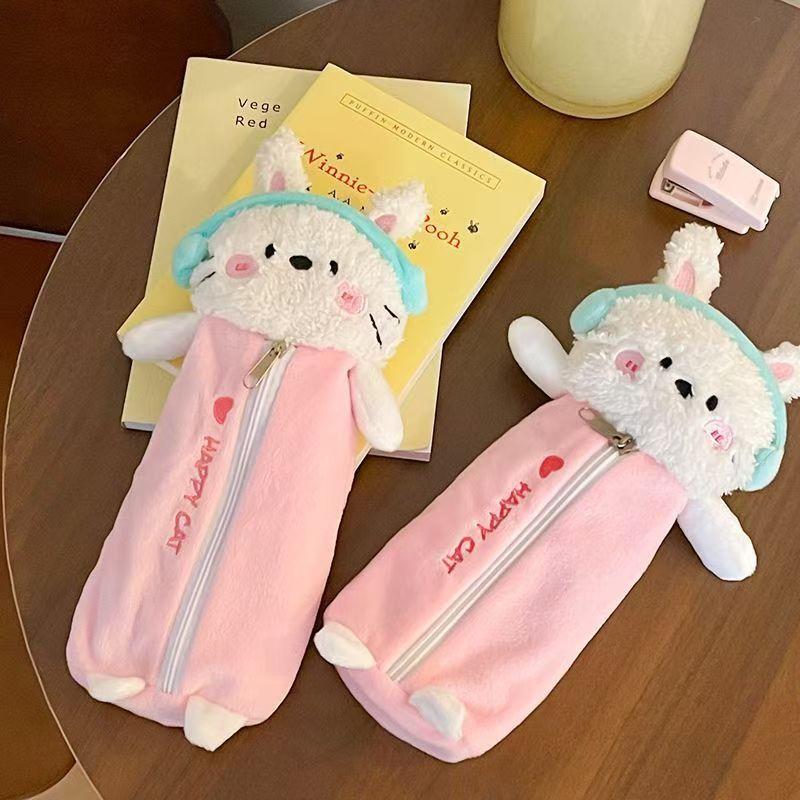 Cartoon Cute Headphones Cat Pen Bag Large Capacity Plush Stationery Storage Bag Gifts