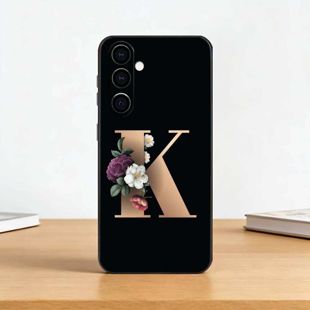 

Flowers Initial L-Letter Phone Case Black Silicone Soft For Samsung Galaxy A73,A72,A71,A70,A53,A52,A51 Samsung a71 5g