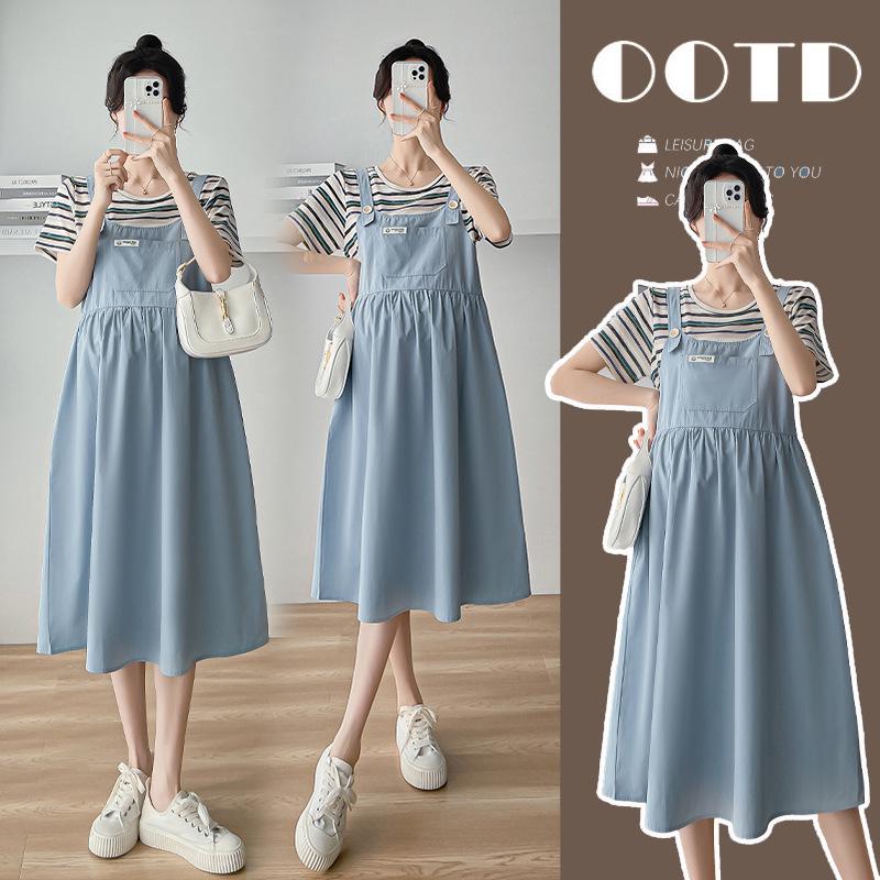 2026 Summer Korean Style Striped Maternity & Nursing Dress - Fake Two-Piece Design L