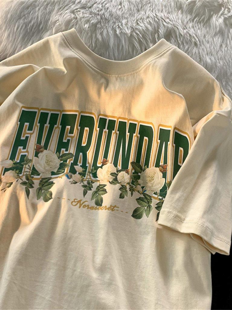 Unisex Oversized Retro Rose Print Pure Cotton Half Sleeve T-Shirt