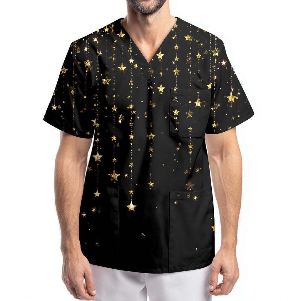 Men's Printing Short Sleeve V-neck Working Blouse Chest Pocket Carer Top