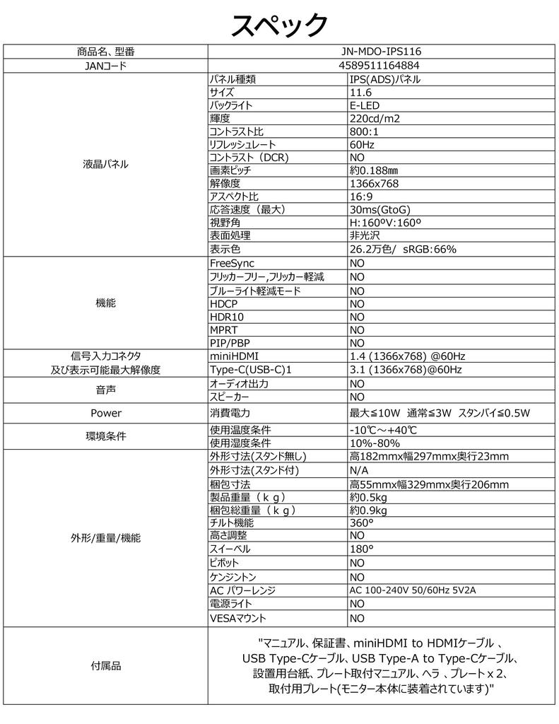 Refurbished JAPANNEXT Mobile Monitor with IPS FWXGA 1366x768 Resolution 11.6-inch Panel, (Type C/MAC Compatible, 100% sRGB, Matte) JN-MDO-IPS116